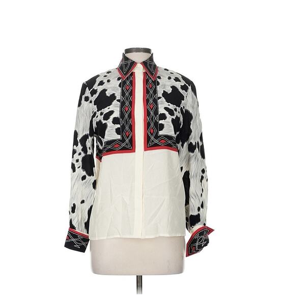 VTG Cache Silk Cow Print Western Red White Black Button Down Blouse 6 - Picture 1 of 4